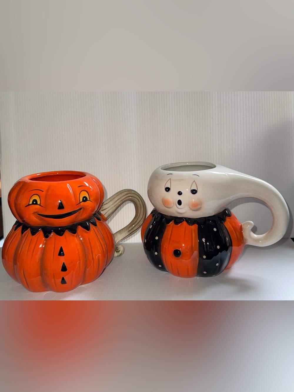 New! Johanna Parker ceramic Halloween Ghost & Pumpkin mug set